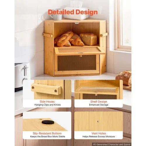 VEVOR Eck-Brotkasten 2 Ebenen Acrylfenster Brotbox 35x35x42 cm Bambusholz Ideal für Bagels, Muffins & Selbstgebackenes Brot, mit Magnetverschluss, Seitenhaken & Belüftungslöchern, Brotkiste Küche – Bild 3