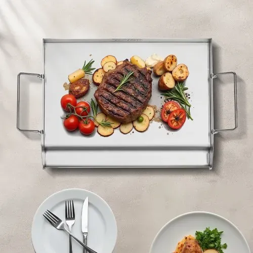 VEVOR Grillplatte Grillpfanne Edelstahl universelle rechteckige Platte (425x270mm) mit flacher Oberseite, Gasgrill-Grillplatte für BBQ-Grill Teppanyaki, tragbares Familienkochgeschirr mit Griff – Bild 7