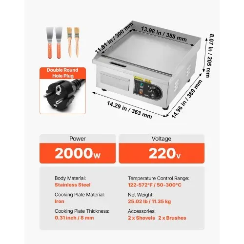 VEVOR Elektro-Grillplatte 2000 W 355 x 300 mm (Grillbereich), 50-300 °C Gastro-Griddleplatte aus Edelstahl (Gehäuse) Tischgrillplatte mit 2 Spateln & 2 Bürsten & 4 Fußpolstern, für Steaks Pfannkuchen – Bild 6