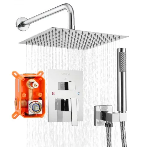 VEVOR Duscharmatur Regenduschsystem fürs Badezimmer Duschsystem mit 254 mm quadratischen Regenduschkopf & Handbrause, wandmontierte Badezimmerarmaturen mit Messingventil & Zierset, Silberchrom VEVOR Duscharmatur Regenduschsystem fürs Badezimmer Duschsystem mit 254 mm quadratischen Regenduschkopf & Handbrause, wandmontierte Badezimmerarmaturen mit Messingventil & Zierset, Silberchrom