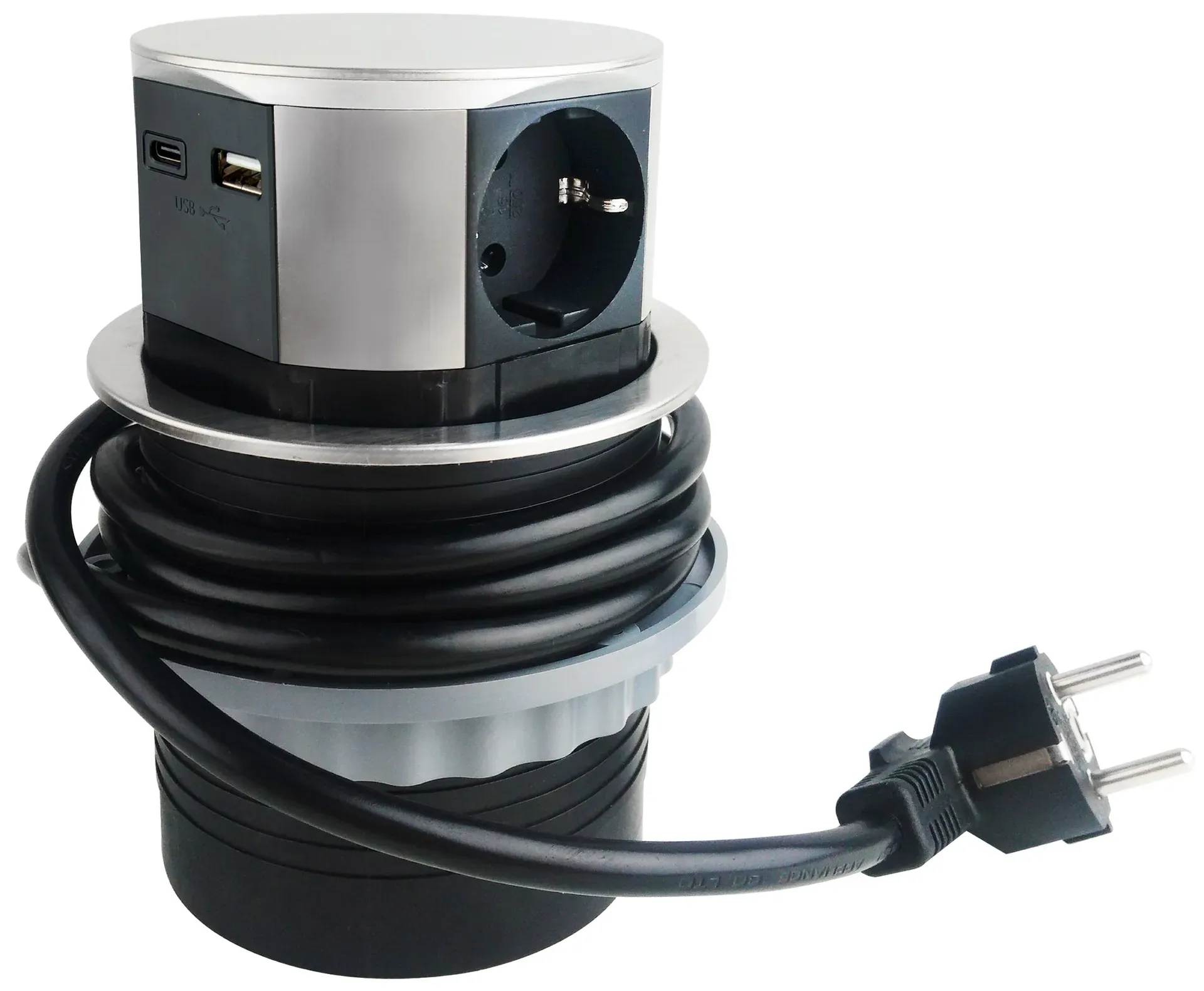 Schreibtisch-Einbausteckdose 3x +USB A+C versenkbar, Edelstahl-Ausführung, rund Schreibtisch-Einbausteckdose 3x +USB A+C versenkbar, Edelstahl-Ausführung, rund