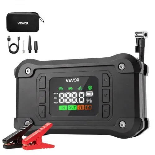 VEVOR Starthilfe Powerbank mit Luftkompressor 8000 A Spitzenleistung Schwarz für 9,0-L-Benzin- / 8,0-L-Dieselmotoren, 150 psi Reifendruck, Automatische Abschaltung, 12-V-Ladegerät und LED-Taschenlampe – Bild 7