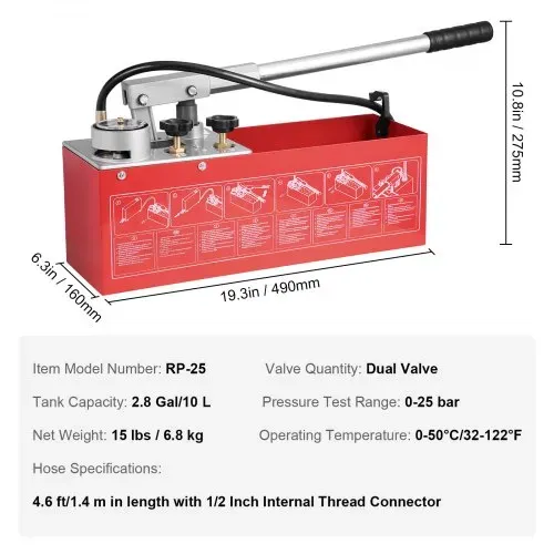 VEVOR Abdrückpumpe, max. 25 Bar, manuelles hydraulisches Wasserdruckprüfer-Set mit Doppelventil und Manometer, 10-L-Wassertank, 1,4-m-Schlauch mit 1,27 cm Außengewindeanschluss für Rohrleitungen – Bild 6