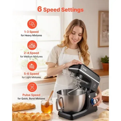 VEVOR KüchenmaschineTeigmixer 1400 W 7,84 L Küchenmaschine mit kippbarem Kopf Edelstahlschüssel Knethaken Schneebesen Schaber, Haushalts-Küchenmaschine zum Backen und Mixen, schwarz – Bild 3