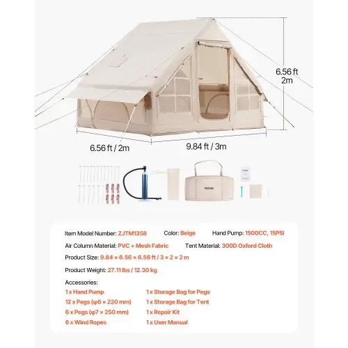 VEVOR Aufblasbare Zelte für Camping 3x2x2m, 3–5 Personen, 300D Oxford 4-Jahreszeiten-Glamping-Zelt mit Handpumpe, Ofenanschluss, 2 Türen & 2 Netzfenstern, inkl. Aufbewahrungstasche für Transport – Bild 6