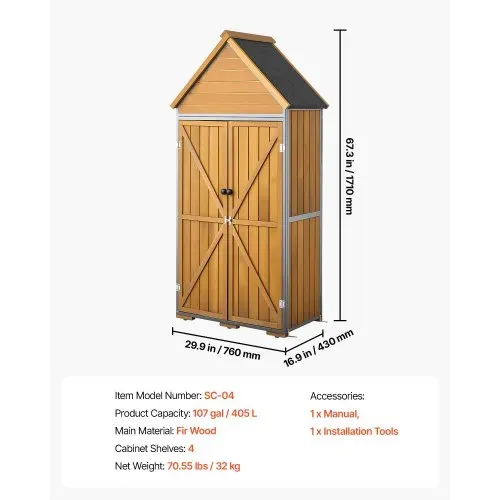 VEVOR Gartenschrank Holz, Geräteschrank mit Abschließbaren Türen, Gerätehaus mit Regalen & Boden, Geräteschuppen, Gartengerätehaus, Werkzeugschrank für Terrasse, Garten / Rasen, 76x43x171 cm – Bild 6