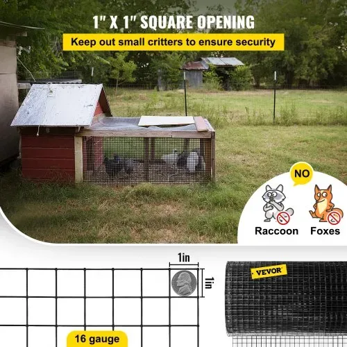 VEVOR Volierendraht 91 x 1524 cm, Maschendraht, verzinkter mit Vinyl beschichteter 16-Gauge-Draht mit einer Schneidezange und einem Paar Stoffhandschuhen, für Gartenzäune und Haustiergehege, schwarz – Bild 3