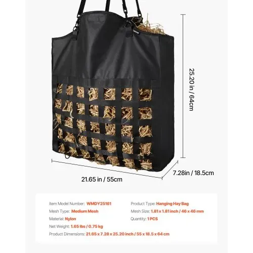 VEVOR Heusack für Pferde,55x18,5x64 cm, 4,6x4,6 cm Maschenweite, Nylonkonstruktion mit PVC-Beschichtung, verstellbare Aufhängegurte & Metallhaken, Heutasche für langsame Futteraufnahme – Bild 6