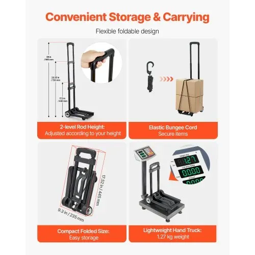 VEVOR Sackkarre klappbar, 50 kg Tragkraft, Transportkarre mit 2 Rädern & 1 elastischem Seil, Allzweck-Rollwagen mit Plattform, für Flughafen, Reisemöbel, Gepäck, Büroumzüge, Schwarz, 320x235x965mm – Bild 2