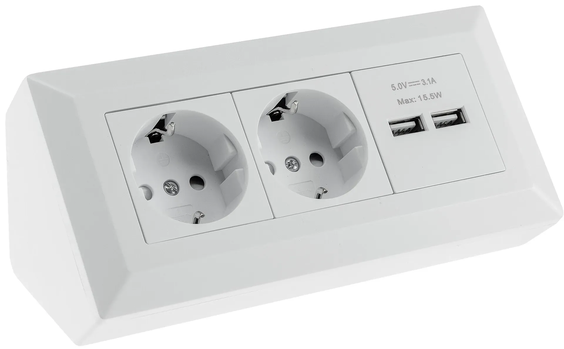 2-fach Steckdosenblock + 2x USB, weiß ma 250V~/ 16A, Aufbaumontage, USB 3,1A 2-fach Steckdosenblock + 2x USB, weiß ma 250V~/ 16A, Aufbaumontage, USB 3,1A