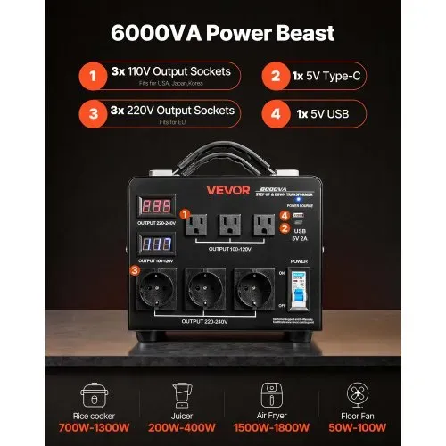 VEVOR Spannungswandler Transformator, 6000 VA, Aufwärts-/Abwärtstransformator, 110 V auf 220 V & 220 V auf 110 V, mit 3 US-Steckdosen, 3 EU-Steckdosen, LCD-Display, Schutzschalter – Bild 3