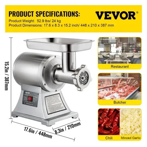 VEVOR Elektrischer Fleischwolf 850 W, Hackfleisch Maschine 150 kg pro Stunde, Elektrische Wurstmaschine 448 x 210 x 387 mm, Edelstahl Wurstmaschine 193 U/min, für Restaurant, Supermarkt, Metzgerei – Bild 6