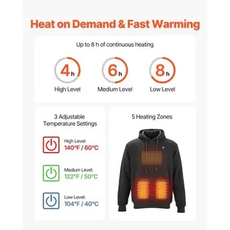 VEVOR Beheizbarer Hoodie, Unisex, Heizpullover mit 7,4 V 16000 mAh wiederaufladbarem Powerbank-Pack, 5 Heizzonen, 3 Temperaturstufen, 4–8 Stunden Wärme, für Winter-Outdoor-Camping, Schwarz, XXXL VEVOR Beheizbarer Hoodie, Unisex, Heizpullover mit 7,4 V 16000 mAh wiederaufladbarem Powerbank-Pack, 5 Heizzonen, 3 Temperaturstufen, 4–8 Stunden Wärme, für Winter-Outdoor-Camping, Schwarz, XXXL