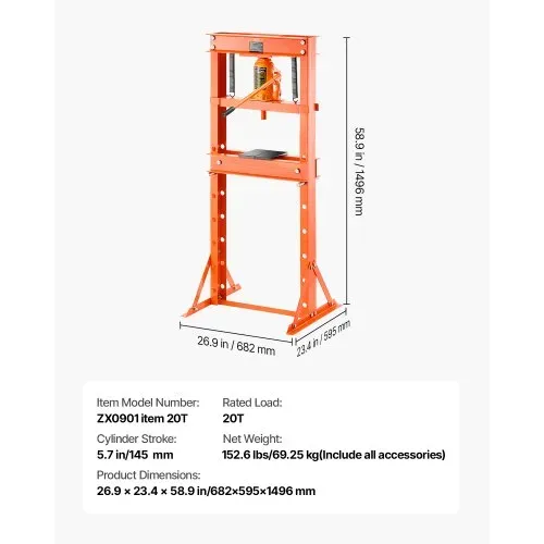 VEVOR hydraulische Werkstattpresse 20 t (H-Rahmen) mit Pressplatte & Dreieckstütze, einstellbare Hydraulikpresse mit Überdruckventil (Max. Zylinderhub 145 mm), zum Biegen & Richten & Stanzen – Bild 6