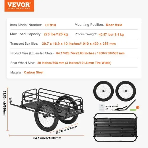 VEVOR Fahrradanhänger, 125 kg Tragkraft, Transportanhänger, faltbar und verstaubar, Schnellverschluss mit Universalkupplung, 50,8 cm Räder, passend für die meisten Fahrradräder, Rahmen aus Karbonstahl – Bild 6