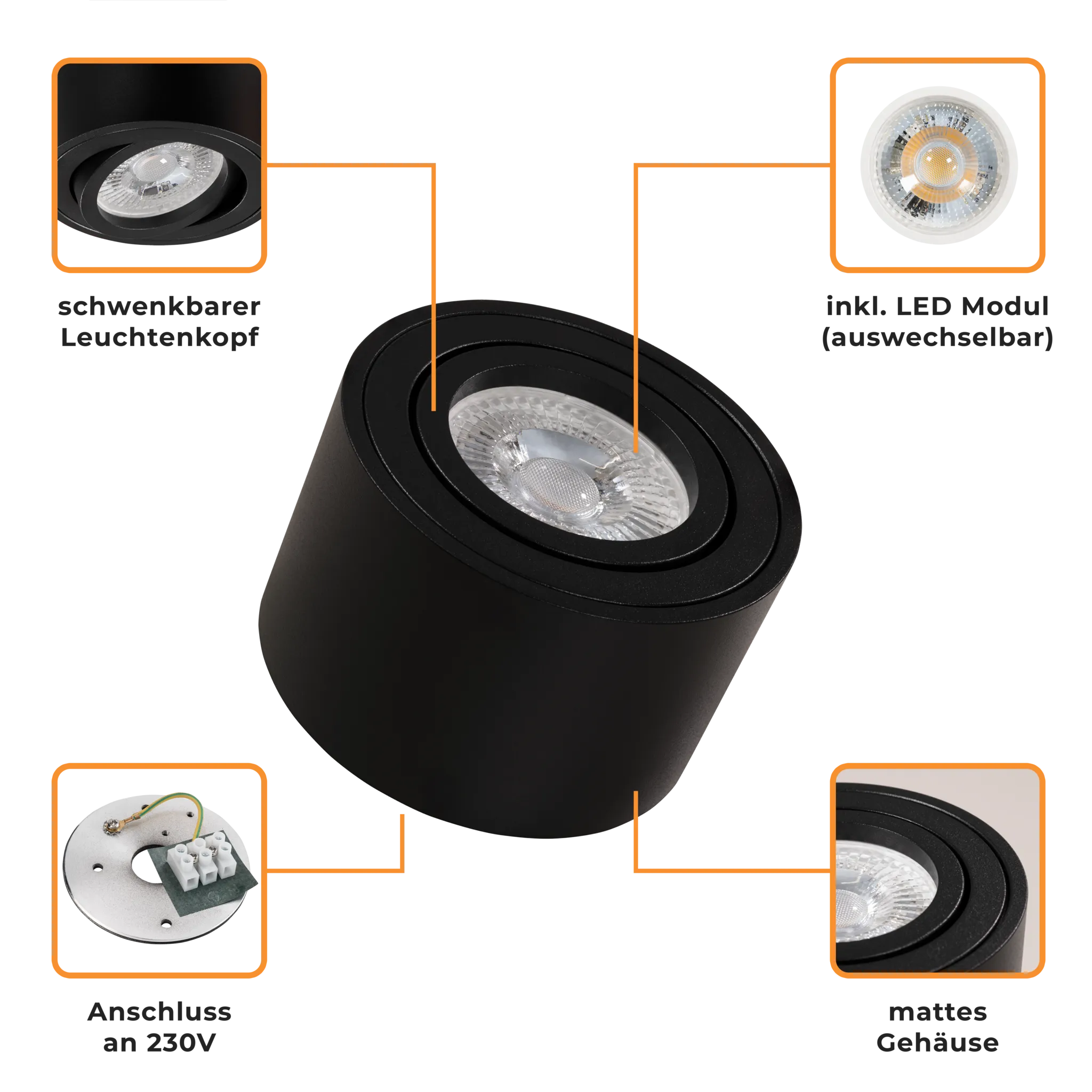 LED-Aufbauleuchte McShine, 5W, 400Lumen, 3000K, ØxH 80x50mm, schwarz, 10er-Pack – Bild 4
