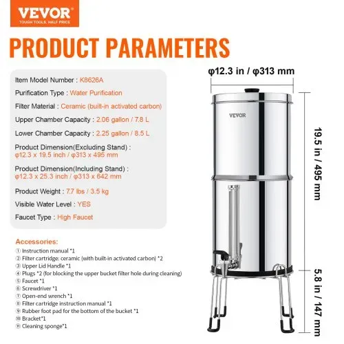 VEVOR Schwerkraft Wasserfiltersystem Edelstahl Arbeitsplattensystem 7,8+8,5L Wasserfiltrationssystem, reduziert Blei und bis zu 99 % Chlor, mit 2 Keramik-Kohlefiltern & Zapfhahn, Camping Wohnmobil – Bild 6