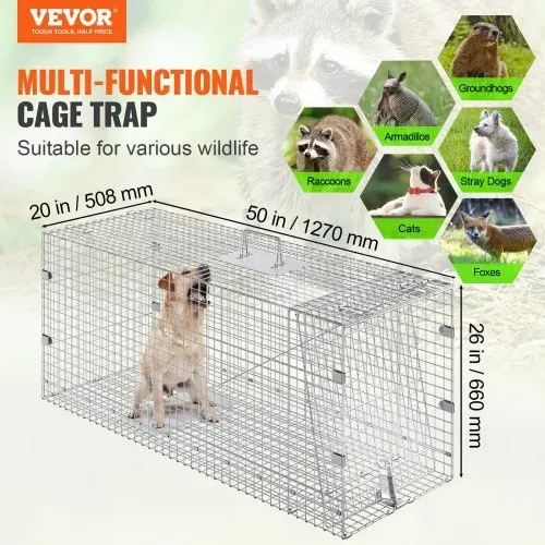 VEVOR Käfigfalle für lebende Tiere, 127 x 50 x 66 cm, humane Katzenfalle aus verzinktem Eisen, faltbare Tierfalle mit Griff für streunende Hunde, Gürteltiere, Waschbären, Murmeltiere, Füchse VEVOR Käfigfalle für lebende Tiere, 127 x 50 x 66 cm, humane Katzenfalle aus verzinktem Eisen, faltbare Tierfalle mit Griff für streunende Hunde, Gürteltiere, Waschbären, Murmeltiere, Füchse