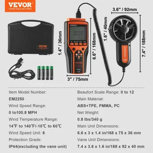 VEVOR 4 in 1 Anemometer 100,8MPH Luftgeschwindigkeitsmesser 168x75x36mm Windmesser IP44 Windmessgerät Windstärkemesser MAX/MIN/AVG/CU-Windgeschwindigkeitsdaten Geschwindigkeitsmessgerät – Bild 6