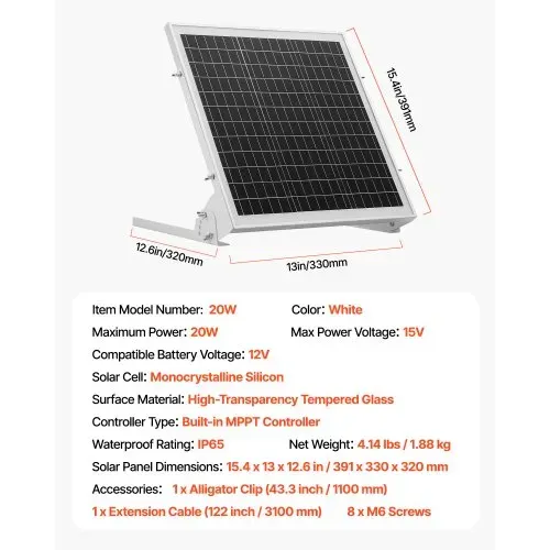 VEVOR 12V Monokristallines Solarpanel-Kit 20W, Batterieladegerät mit integriertem MPPT-Controller & verstellbarer Halterung, IP65 wasserdicht für Auto, Boot, Wohnmobil, Anhänger, Hausdach – Bild 6