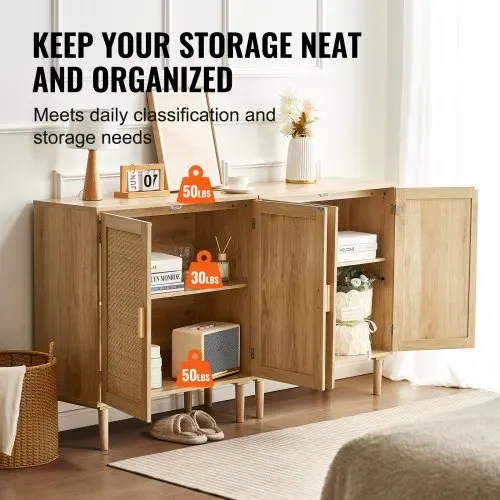 VEVOR Rattanschrank Rattankommode 2 Stk. Aufbewahrungsschrank mit 4 magnetischen Türen, Sideboard Buffetschrank mit verstellbaren Regalen, Ideal für Flur Eingangsbereich Wohnzimmer oder Küche – Bild 2