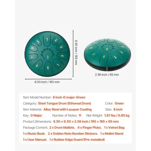 VEVOR Zungentrommel, 165 mm, 11 Tönen Regentrommel, D-Dur Musiktrommeln mit Notenbuch & Schlägeln, Steel Tongue Drum, Steel Pan, für Meditation Yoga Anfänger Musikunterricht, Grün – Bild 6