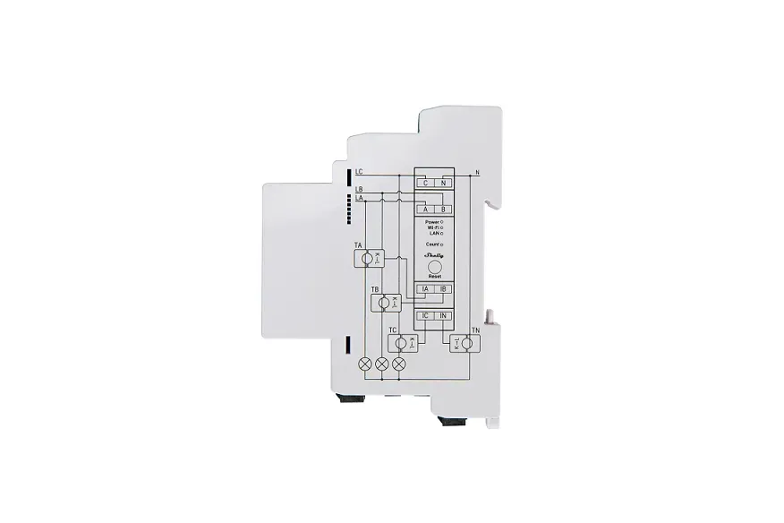 Shelly · Hutschiene · "Pro 3EM 120A v2" · Stromzähler · inkl. 3x 120A Klemmen · Messfunktion · WLAN · LAN · BT – Bild 3