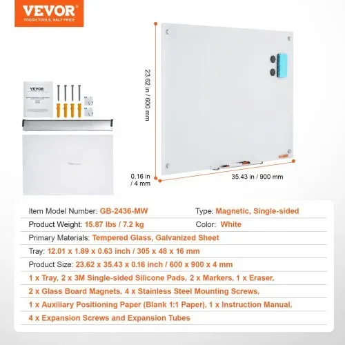 VEVOR Magnetisches Glas-Whiteboard, Wandtafel Trocken Abwischbare Tafel 90 x 60 cm, Wandmontiertes Weißes Glasboard ohne Rahmen, mit Stiftablage, einem Radiergummi& 2 Stiften, Magnettafel Weiß – Bild 6