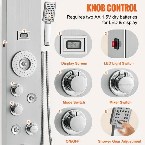 VEVOR Duschpaneelsystem, 6 Duschmodi, LED- und Display-Duschpaneelturm, Regenfall, Wasserfall, 4 Körpermassagedüsen, Wannenauslauf, Handbrause, 150 cm Schlauch, Wandmontiertes Duschset – Bild 4