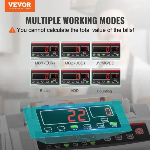 VEVOR FJ0288 Geldzählmaschine Weiß mit Echtheitprüfung, Banknotenzähler 1000 Stück/min mit UV- und MG-Systemen, 7 kg mit LED-Bildschirm für Euro, Dollar, Pfund (26 x 23,5 x 17 cm) VEVOR FJ0288 Geldzählmaschine Weiß mit Echtheitprüfung, Banknotenzähler 1000 Stück/min mit UV- und MG-Systemen, 7 kg mit LED-Bildschirm für Euro, Dollar, Pfund (26 x 23,5 x 17 cm)