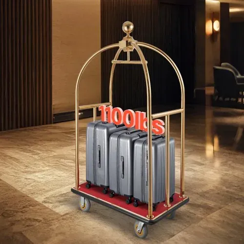 VEVOR Hotelgepäckwagen, 500 kg Tragkraft, Edelstahl-Pagenwagen mit gebogenen Pfosten, Parkservice-Wagen mit rotem Teppichboden & 15 cm Gummirädern, ideal für Hotels, Eigentumswohnungen, Resorts – Bild 7