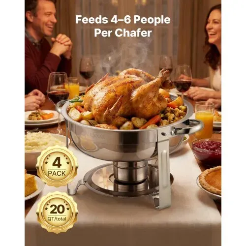VEVOR Chafing Dish Buffet Speisenwärmer mit 4 Behältern in voller Größe (4,7 L pro), runder Catering-Wärmespender mit Glasdeckel & Wasserpfanne & klappbarer Ständer, für Hochzeiten Buffet Silber – Bild 3