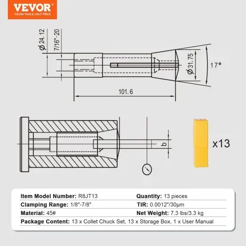VEVOR 13-teiliger Präzisions-R8-Spannzangensatz, 1/8-7/8 Zoll (3,2-22,2 mm), Kohlenstoffstahl-Spannzangenfutter 30 μm TIR für Fräsmaschinen, Bohrmaschinen, Bohrmaschinen, Bearbeitungszentren – Bild 6