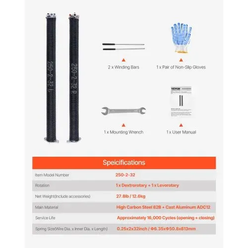 VEVOR Torsionsfedern für Garagentore Φ 6,35 x Φ 50,8 x 813 mm 16000 Zyklen, Elektrophorese, schwarz beschichtet zum Austauschen, Garagentorfedern mit rutschfesten Wickelstangen, Handschuhen – Bild 6