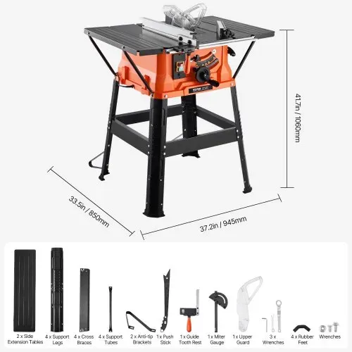 VEVOR Tischkreissäge mit Ständer, 254 mm, 1800 W Baukreissäge, 200 mm max. Schnittkapazität, 4800 U/min Schnittgeschwindigkeit, mit 24-Zahn-Sägeblatt, Gehrungssäge für Holzbearbeitung und Möbelbau – Bild 6