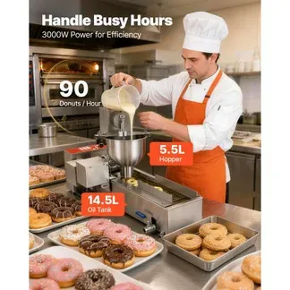 VEVOR kommerzielle automatische Donut Maschine Maker, einreihige Herstellungsausrüstung aus Edelstahl (90 Stk./h) elektrische Donut-Fritteuse mit 3 Formengrößen für Bäckereien Restaurants Café VEVOR kommerzielle automatische Donut Maschine Maker, einreihige Herstellungsausrüstung aus Edelstahl (90 Stk./h) elektrische Donut-Fritteuse mit 3 Formengrößen für Bäckereien Restaurants Café