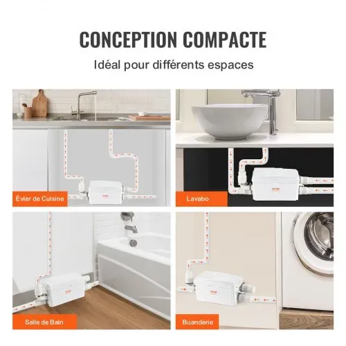 VEVOR Hebeanlage, 350 W, 6000 l/h Durchfluss, 7 m Förderhöhe, Abwasserpumpe mit 3 Wassereinlässen für Keller, Küche, Spüle, Dusche, Badewanne, Wäscheabwasserentsorgung, Aufspülmaschine – Bild 5