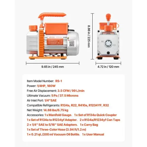 VEVOR Vakuumpumpe mit Manometer, 3,5 CFM 99 L/min, 180 W 1-stufige Drehschieber-Unterdruckpumpe, Vacuum Pump Kit für R134a, R22, R410a, R1234YF & R32, mit Tragetasche für Kfz-Klimaanlagen – Bild 6