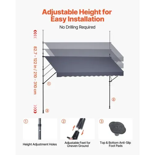 VEVOR Klemmmarkise 400 cm, Höhenverstellbare Markise mit Handkurbel, Terrassenmarkise UPF 80+ Sonnenschutz, Sonnenmarkise, Balkonmarkise, Ideal für Terrasse, Balkon & Garten, Dunkelgrau – Bild 6