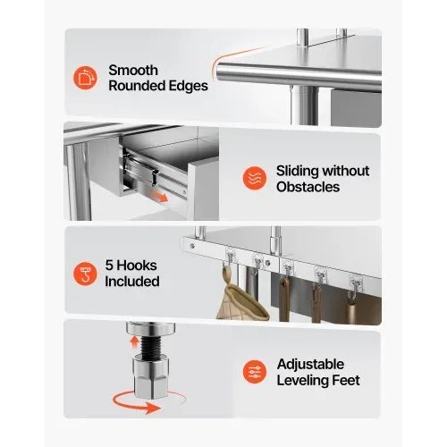 VEVOR Gastronomie Arbeitstisch 1220 x 610 x 1400 mm, Edelstahltisch mit Grundboden & 2 Schubladen & Doppelaufsatzbord, Gewerblicher Vorbereitungstisch Werkbank für Restaurant Garage Küchentisch – Bild 6