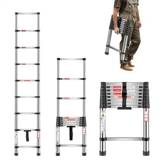 VEVOR Teleskopleiter, 254 cm lange, Ausziehleiter aus Edelstahl, Klappleiter mit Tragkraft von 150 kg (75°) & rutschfeste Füße, tragbare 9-Stufen-Leiter für Zuhause, Wohnmobil, Dachboden VEVOR Teleskopleiter, 254 cm lange, Ausziehleiter aus Edelstahl, Klappleiter mit Tragkraft von 150 kg (75°) & rutschfeste Füße, tragbare 9-Stufen-Leiter für Zuhause, Wohnmobil, Dachboden