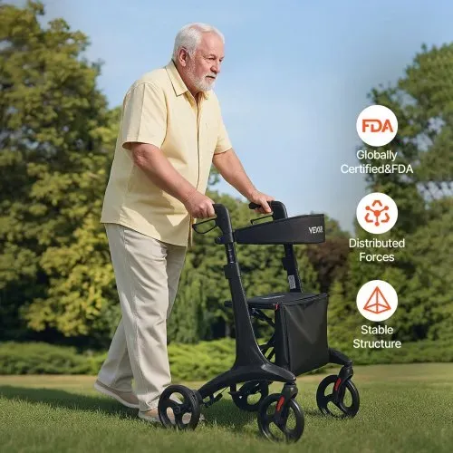 VEVOR Rollator Faltbar mit Sitz, Leichter Gehwagen mit 8 Zoll Reifen, Gehhilfe bis 136kg mit Rückenlehne Tasche Gehstockhalter, Höheverstellbare Laufhilfe mit Feststellfunktion für Senioren, Schwarz – Bild 7