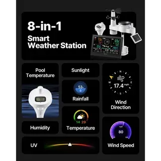 VEVOR 7-in-1 WLAN-Wetterstation mit APP, 7,5-Zoll-Display, solarbetriebener Außensensor, mit Poolthermometer, Regenmesser, Wettercenter für Wettervorhersage, Windgeschwindigkeit, Pooltemperatur VEVOR 7-in-1 WLAN-Wetterstation mit APP, 7,5-Zoll-Display, solarbetriebener Außensensor, mit Poolthermometer, Regenmesser, Wettercenter für Wettervorhersage, Windgeschwindigkeit, Pooltemperatur