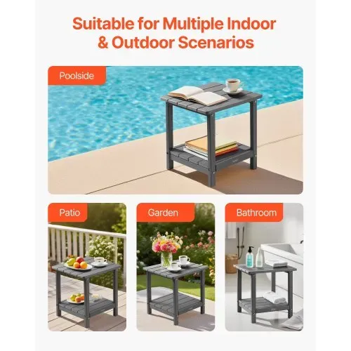 VEVOR Beistelltisch Kunststoff, 45x38x44 cm, Gartentisch aus HDPE, Balkontisch mit 2 Ablagen, Nachttisch, Couchtisch, Dekotisch, geeignet für Terrasse, Pool, Strand, Veranda, Garten, Grau – Bild 5
