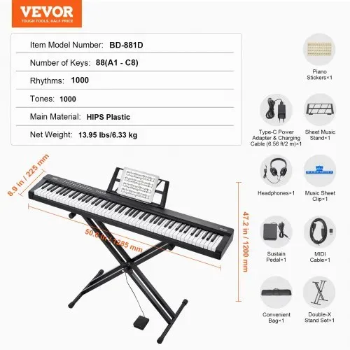 VEVOR Digitales Klavier mit 88 Tasten, halbgewichtete Tasten, Klavierset mit verstellbarem Ständer, integrierten Lautsprechern, Sustain-Pedal, Kopfhörern, Bluetooth, MIDI, USB für Anfänger – Bild 6