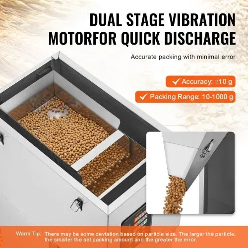 VEVOR Partikelfüllmaschine, 0,022–2,2 lbs/10–1000 g, automatische Füllmaschine mit Fußpedal, Wiegefüllmaschine aus Edelstahl, Wiegefüllmaschine für Bohnen, Samen, Körner, Tee, Granulatverpackung – Bild 2