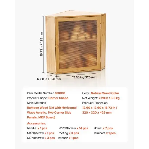 VEVOR Eck-Brotkasten doppellagiger Brotbehälter Brotbox Organizer aus Holz für selbstgebackenes Brot, Aufbewahrungsbehälter mit gewellter Acryl-Türplatte, Brotaufbewahrung Lagerung Natur – Bild 6