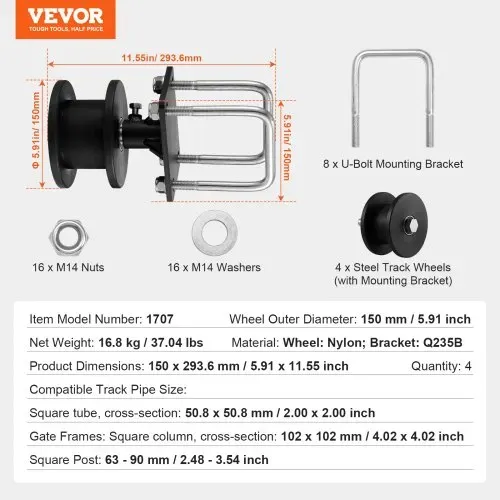 VEVOR Schiebetor-Set 150x293,6mm, Rolltor-Hardware-Set mit H-förmiger Radnut für freitragende Schiebetore und Rolltüren, Schiebetorrollen mit 4 Schienenrädern, Hochleistungs-Gleitrolle, Schwarz – Bild 6