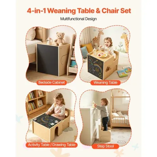 VEVOR Montessori-Tisch- & Stuhlset, Kindersitzgruppe, Kindermöbel aus Holz, Tritthocker mit Tafel & Stauraum, Ideal für Kleinkinder von 1-5 Jahren zum Essen, Zeichnen, Lesen & Spielen – Bild 2