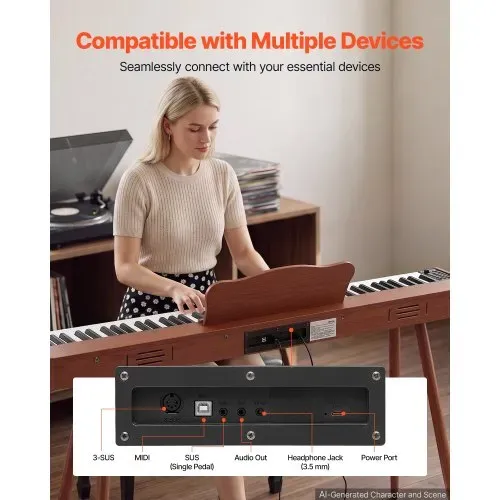 VEVOR Digitalpiano 88 Halbgewichtete Tasten in Standardgröße E-Piano Braun für Anfänger, 600 Klangfarben, 600 Rhythmen, USB, MIDI, Audioausgang, Kopfhörerbuchse, Sustain-Pedal und HiFi-Lautsprechern – Bild 5